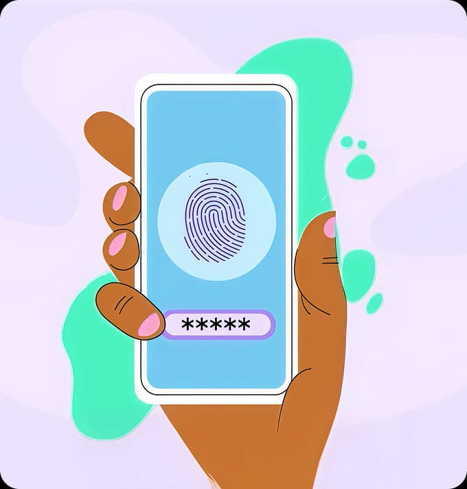 Illustration of a hand holding a smartphone with a fingerprint lock, representing digital privacy and secure online searching.