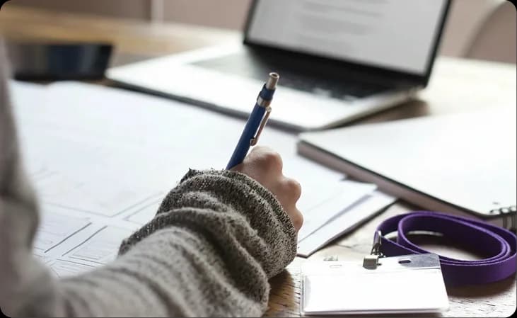 Laptop displaying online medical abortion course content with notebook and pen for study.